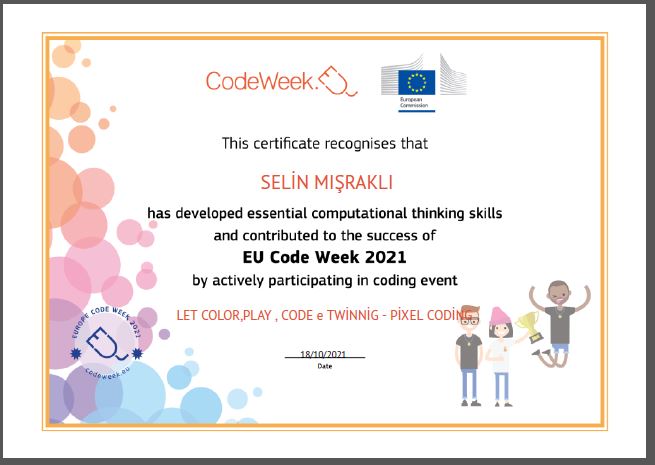Let’s Color Play Code e Twinning Project – Code Week Certificates for Pixel Coding Studies by sukran  - Illustrated by Şükran Yenigelen - Ourboox.com